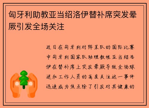 匈牙利助教亚当绍洛伊替补席突发晕厥引发全场关注